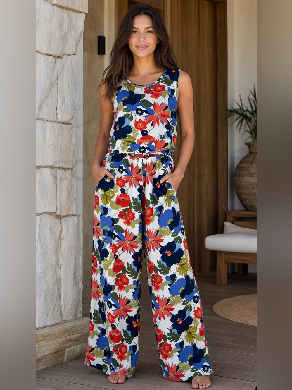Casual Floral Print Sleeveless Loose Top and Matching Wide Leg Pants Trousers - Picture 2 of 14